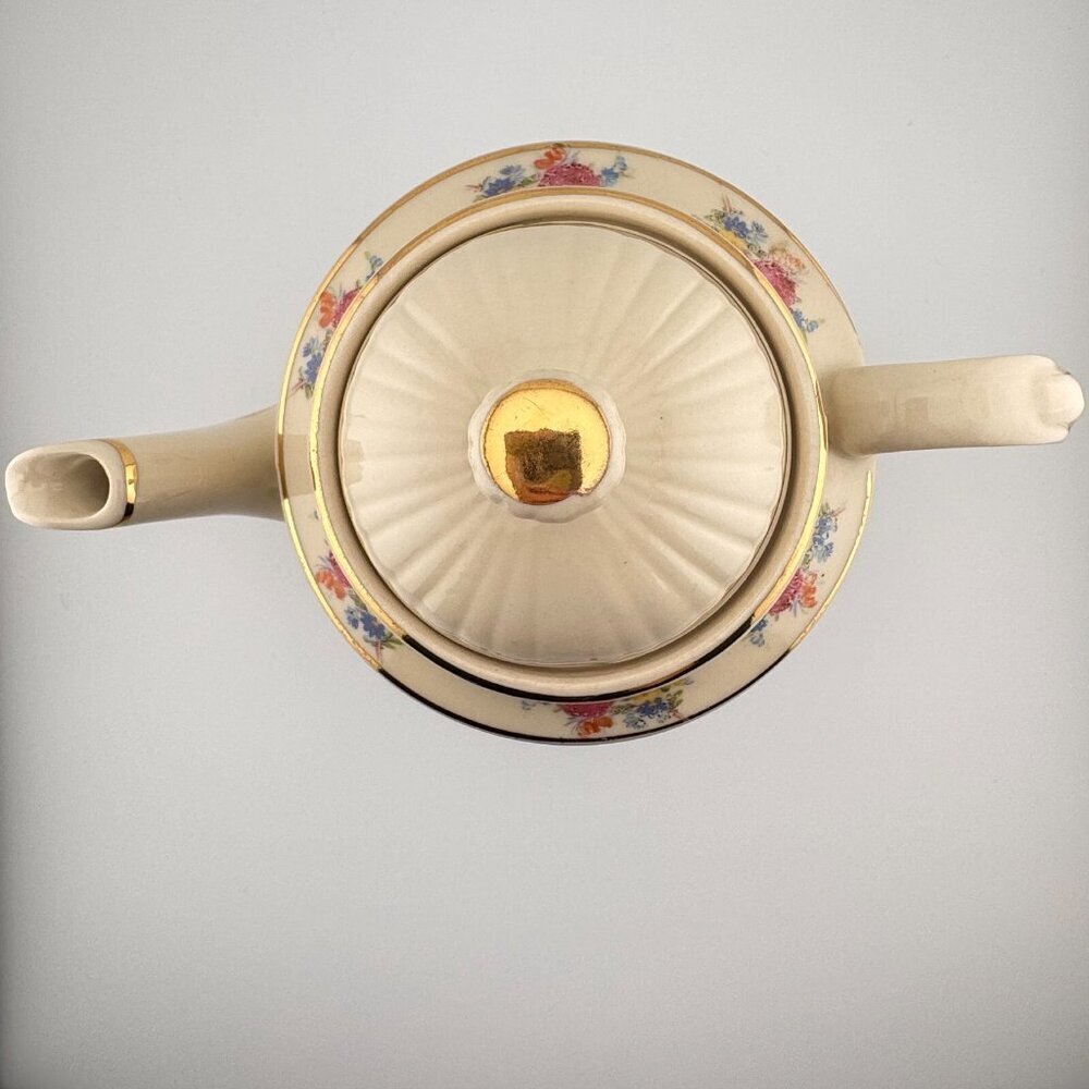 Vintage Shawnee Pottery Teapot USA | Hand Painted Blue Gold Floral - Picture 5 of 7